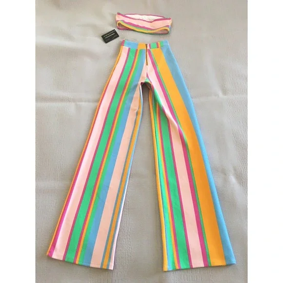 Touchdolls Two Piece Crop Top Bell Bottom Pants Set Size 2 XS Stripe Stretch - Picture 7 of 16
